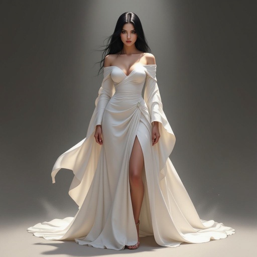 Show character head to toe. Create a mid age mysterious woman jet-black hair is cut sharpand her eyes seem to pierce through darkness. A shadowy aura clings to her form,