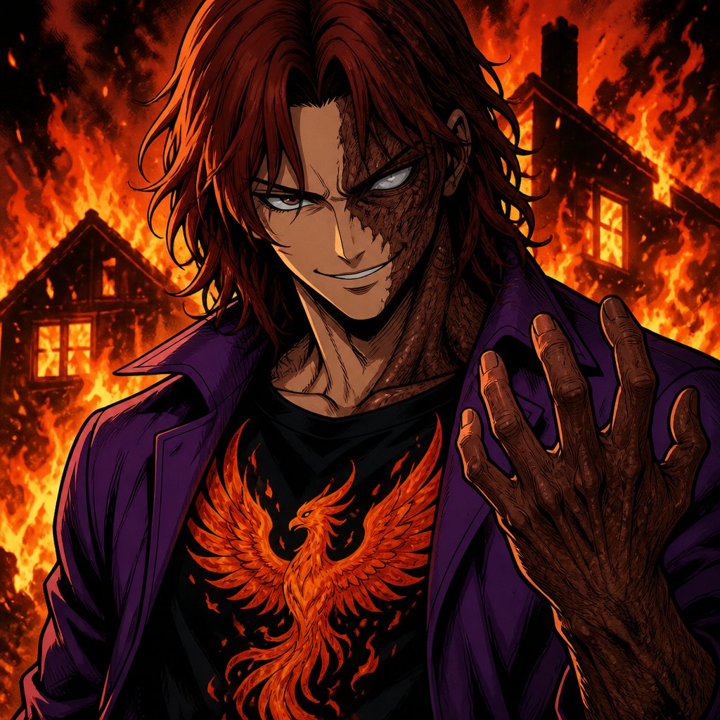 Anime Male red brown hair shoulder length his whole left side all burnt brown left hand and arm brunt eyes left eye blind both open look down eyes, evil Mocking smile black shirt with a phenix on it and a nice purple jacket fire behind him with a silhouette house behind him