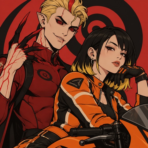 Male, blonde greased brushed back hair, neck length hair, curl on forehead, red streak in hair, scar on lip, red and black spiral eyes no whites, slim, superhero with chaos powers, cool outfit red, pointy ears, pointy fingers with red tips, red veins, Asian female with straight black neck length hair, yellow tips, side bangs on one side, eyebrow piercing, under eye mascara, ear piercing, motorcycle clothes orange, gloves, posing