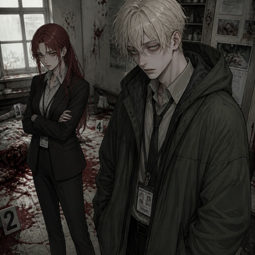 Anime style Male great detective takes his job real seriously really good at it mid 20s medium really crazy light blonde hair, tall thin, tied, clean shaven, strange green eyes wearing baggy loose mossy green jacket tired face, partner, long red hair brown eyes looking annoyed and concerned for him, trying take case seriously,very gruesome seen, person unknown, detective will do whatever he can, parent and him get into arguments usually partner will say "you really need some rest you can barely stand and your speaking trails off, how do you expect to finish this case with the little sleep and food you get" detective reply" all I need is some coffee, I can survive I don't plan on resting till I get to the bottom of this, worrying never helps"as he yawns, partners says back "ugh! your really stubborn, looks like I'm going to have to catch you again when you pass out"