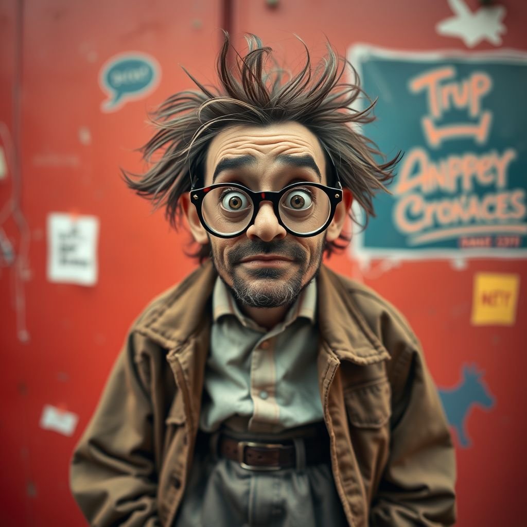 Create a funny looking paranoid man in the world, with a not so stylish outfit head to toe