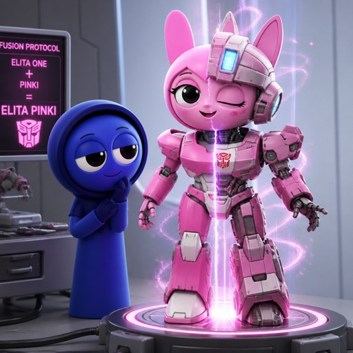Jevin from sprunki noticing that Pinki from sprunki as Elita one is upgrading the armour now that she and Jevin are one being now