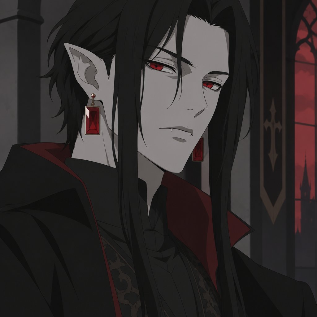 Male vampire, black hair long in the front short in the back hair of ears in the middle of face dropping,red eyes,pointy ears,gray skin,cheekbones,big red square earrings
