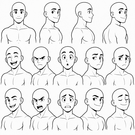 Different face expressions male half body drawing base, dynamic, bald, face expressions only  head different directions, no color