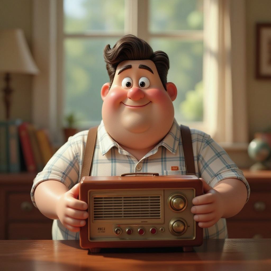 Create a funny fat guy who has a book box radio , make it Toy Story artish