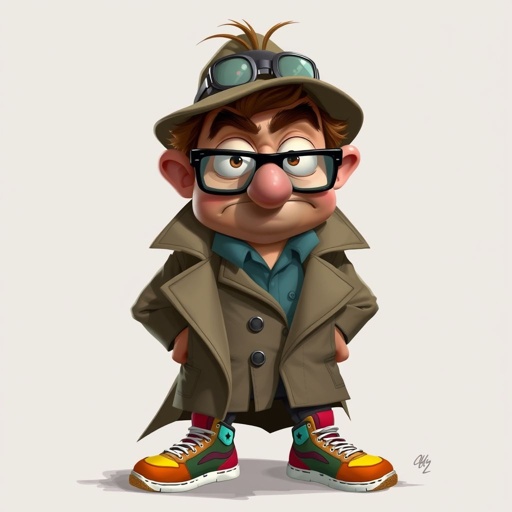 Create a character who is a goofy looking detective, who is confident. But funny looking and grouchy . With cool shoes on.