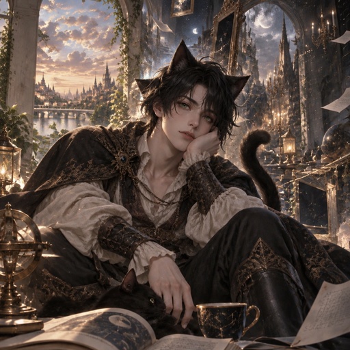a woman sitting on a chair with a cat on her head