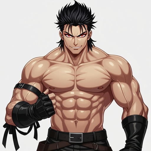 Please create a man, crimson red piercing eyes, sharp smirk, black hair in a mullet like hair style but not spiky. Strong cheekbones but not too strong. Muscles but not too strong, wears mostly nothing and black leather gloves, let us please see the entire body