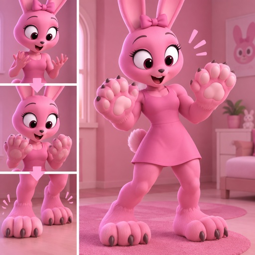 Pinki from Sprunki as her kind wererabbit self noticing that she is getting bigger and stronger with her feet looking like wererabbit paws and her hands looking the same all for Jevin from Sprunki 