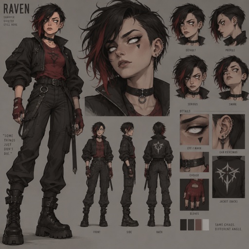 Female, black hair red streaks, messy hair, one side neck length other side short hair, white eyes, black spike under eye, ear piercings, choker, black jacket with puffed sleeves, red shirt, fingerless red gloves, cartoon style