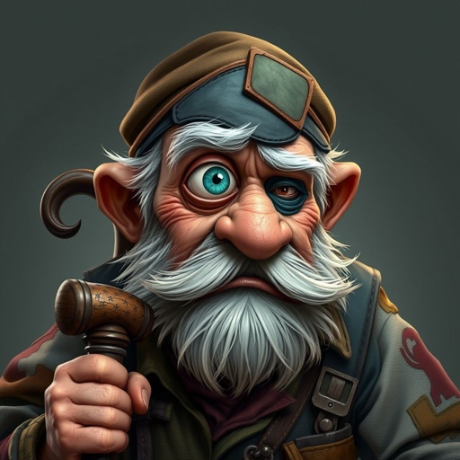 Create a grouchy funny old character who has 1 eye patched. Make him fat with a cane. Show his whole character head to toe in image 