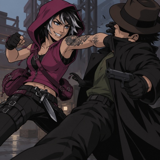 Female, black jagged hair cut, neck length, white strands, two lip piercings, blue eyes, magenta sleeveless hoodie hood up, dark magenta satchel, belt with knife attached, gloves, tattoos on both arms, smirk, Male, no facial hair, brown fedora that covers eyes, black back hair spiky, black trench coat with upturned collar, green shirt, holding gun, fighting the other