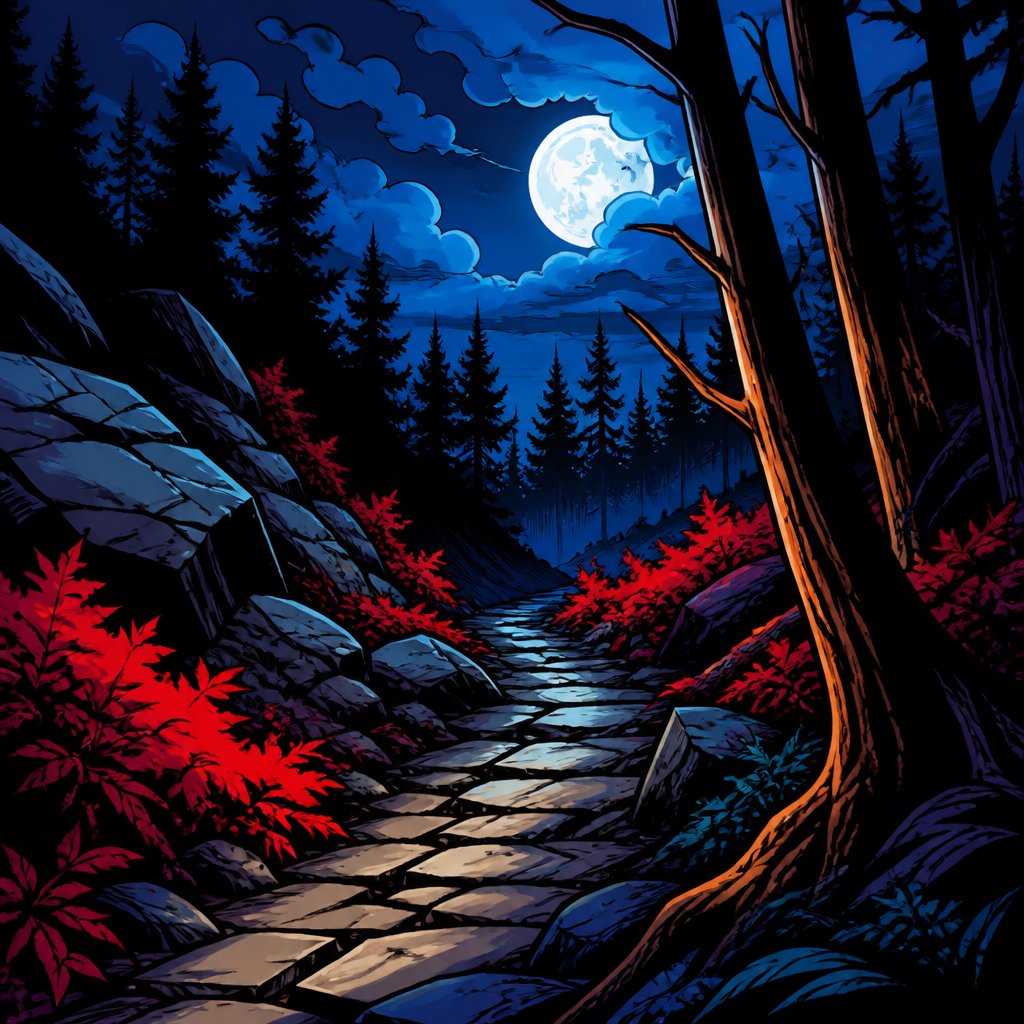 A pathway in a forest no speech bubbles no people intense colours no print dots. Night