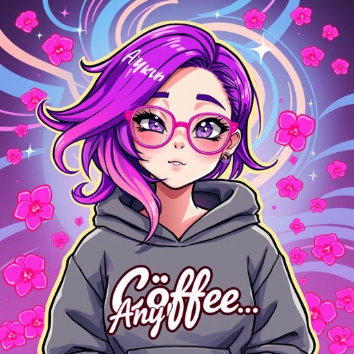 Draw me a profile picture Username: PinkOrchidsGaming I have Half Pink (Right) Half Purple (Left) Hair, A nose piercing on my left side and i wear glasses that are see through pink My Signatures: A gray Hoodie that says “Coffee” but the ‘O’ is a coffee cup My catch phrase is “AnyWhore..” My favorite color is pink and i want the background to resemble an Angel Dust vibe (Character from hazbin hotel)