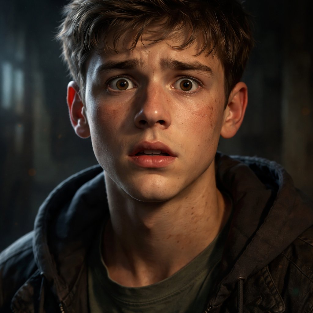 A 17 year old boy who has brown hair and brown eyes. He looks strong but also scared.