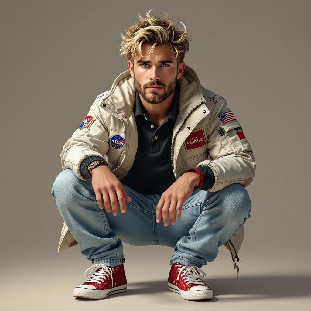 man with Dirty Blonde Unkempt Hair and Goatee. Astronaut Flight Jacket Black And White Polo and Light blue denim jeans with red sneakers