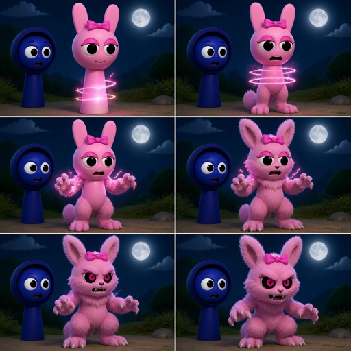 Pinki from sprunki starting to turn into her kind Wererabbit self in front of Jevin from sprunki with her legs and tail transforming and then her arms and then her ears and her neck gets fluffy and then she’s fully transformed with her eyes being black and pink