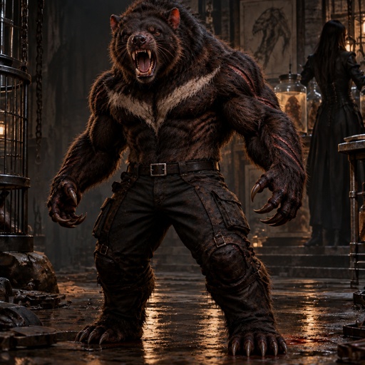 a big furry bear standing in a dark room