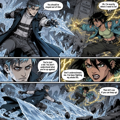 Male, pale, pale blue eyes, eye bags, short dark grey choppy hair with light blue tips hair covering one eye, white turtle neck long sleeves , blue sleeveless short trench coat, long fingerless gloves, grey pants, belts across chest, spiked on shoulders, 35, clean shaven, no emotion, ice powers,  Female, teen, freckles, dark green eyes, cyan ray shadow, ear piercings, angry, choppy black neck length messy hair, bangs on one side of face, cyan jacket with shoulder holes, light green crop top, yellow heart tattoo with a blue moon inside on shoulder, baggy pants, belt with dark and light green triangles, gold necklace, lightning powers, fighting the other
