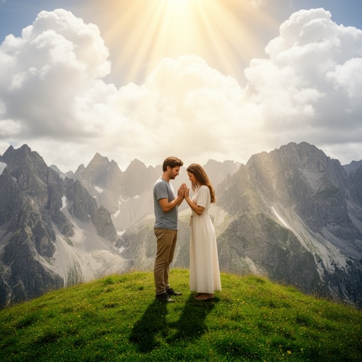 Husband hair brown and wife long brown hair , praying on a hill in the mountains together glory of God shining down on them