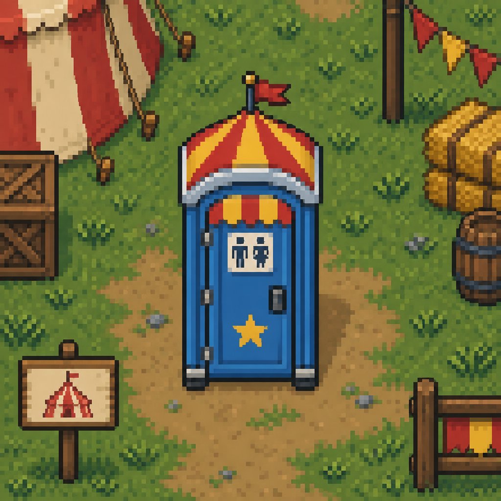 Cozy portapotty for a circus for a modern fantasy game, exterior, top down style