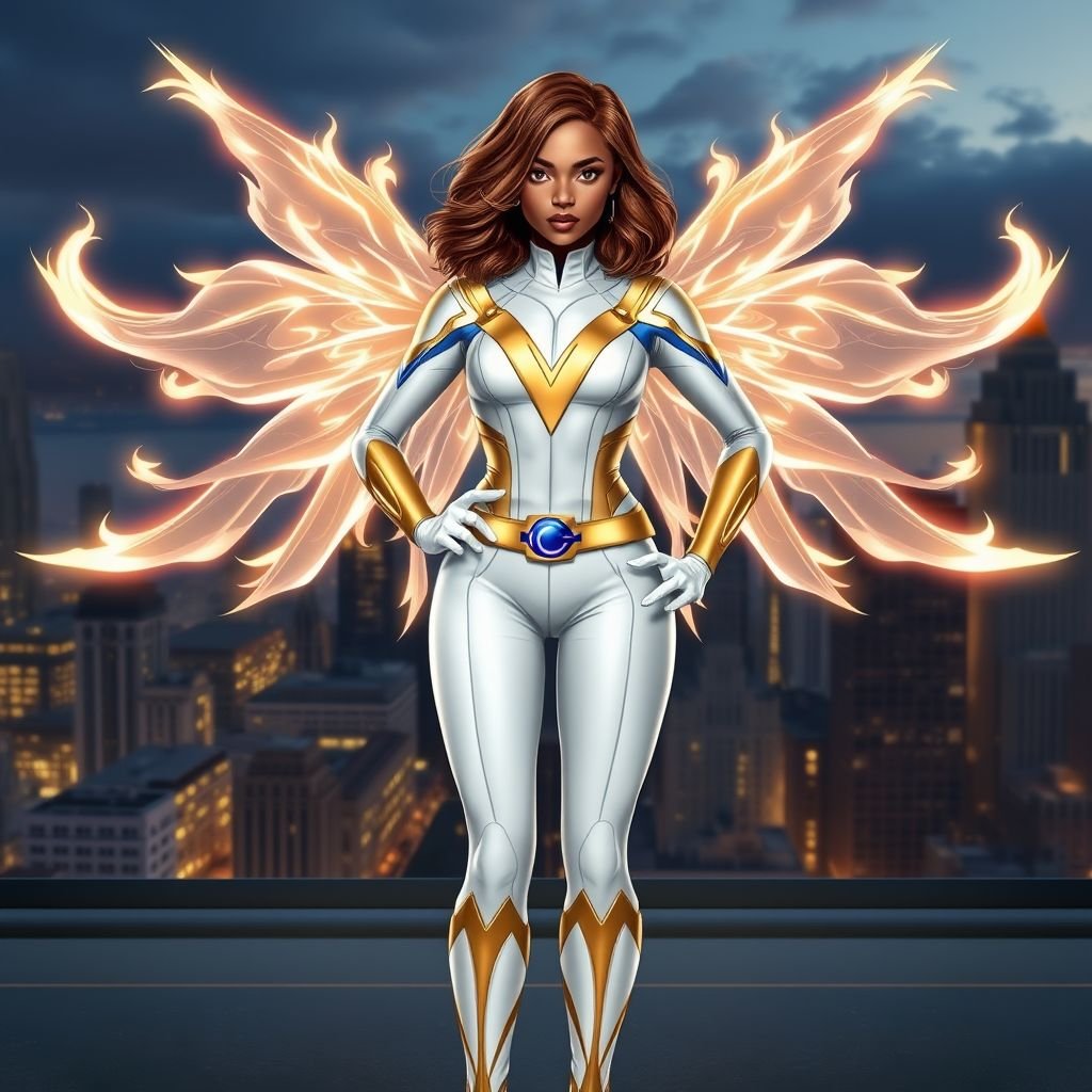 A teenage African American female superhero with brown hair with gold highlights in a shoulder length side part hairstyle with pure Gold Glowing eyes wearing a white suit with gold and royal blue  with white pants and gold and white knee length boots with a utility belt with a gold V  as her chest emblem with glowing  wings made of white fire in Philadelphia 