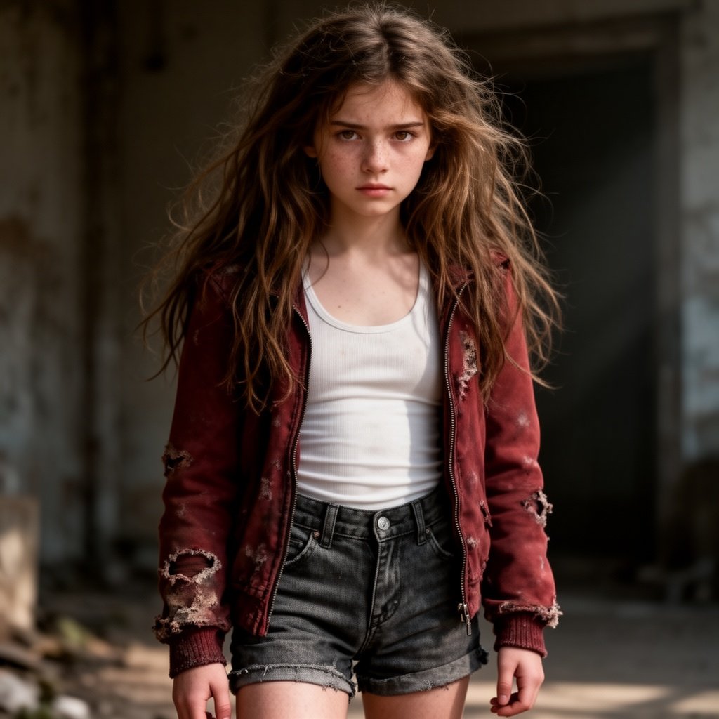 16 year old girl with long brown messy hair down, light brown eyes, pale skin, dark red beat up jacket, white fitted tank top and dark gray jean shorts. Determined look, looks like a half-blood