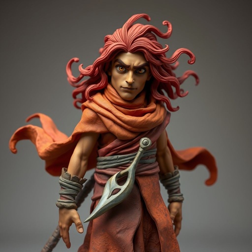 Create a character: Rhen the Fire-Singer – A lean, muscular man with sun-kissed bronze skin and ember-like eyes. His hair is a wild mane of deep crimson. He wears layered, flowing desert robes dyed in warm reds and golds, with scorch marks where flames have licked them. A curved blade hangs at his hip.