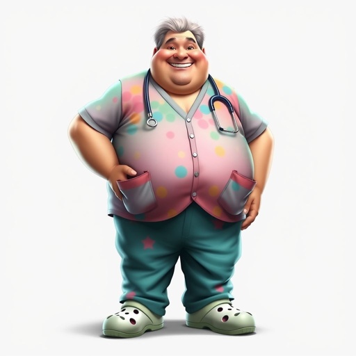 create a fat doctor. Who is funny human looking from head to toe. And he always immediately results to surgery for anything even small things. So please be sure to show his whole outfit head to toe. Make him have 1 tooth