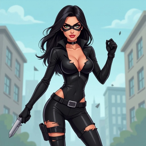 Lady Burglar In shredded tight black spandex suit torn and ripped a lot 