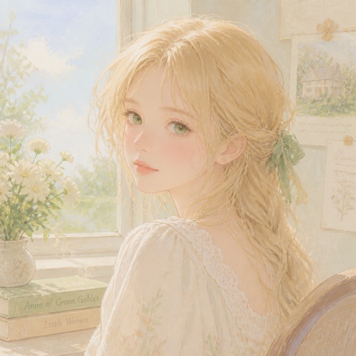 Ein Mädchen mit blonden Haaren und grünen Augen 
