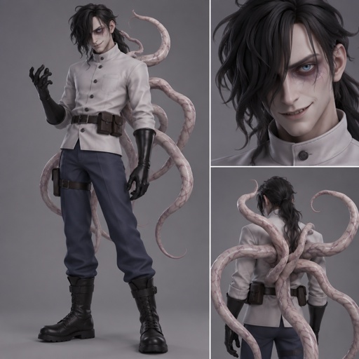 Male, black messy greasy hair, thin shoulder length hair in the back, long hair in the front covering one eye, blue eyes, eye bags, veins under eyes, pale tendrils coming out of back with veins, blue pants, boots, black rubber gloves, short scientist jacket buttoned up, belt with pouch, evil smile
