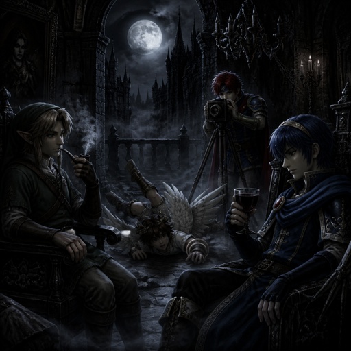 Super smash brothers link from legend of Zelda, pit from kid Icarus, Marth from fire emblem, Roy from fire emblem, link smoking, pit slipping and falling marth sipping wine and Roy taking a picture