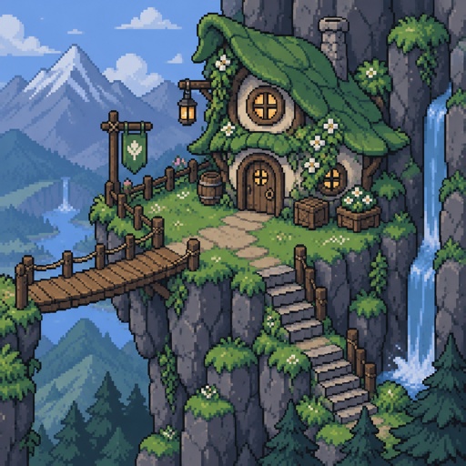 Fairy House on a mountain side platform for a fantasy game set in modern times, exterior, top-down style
