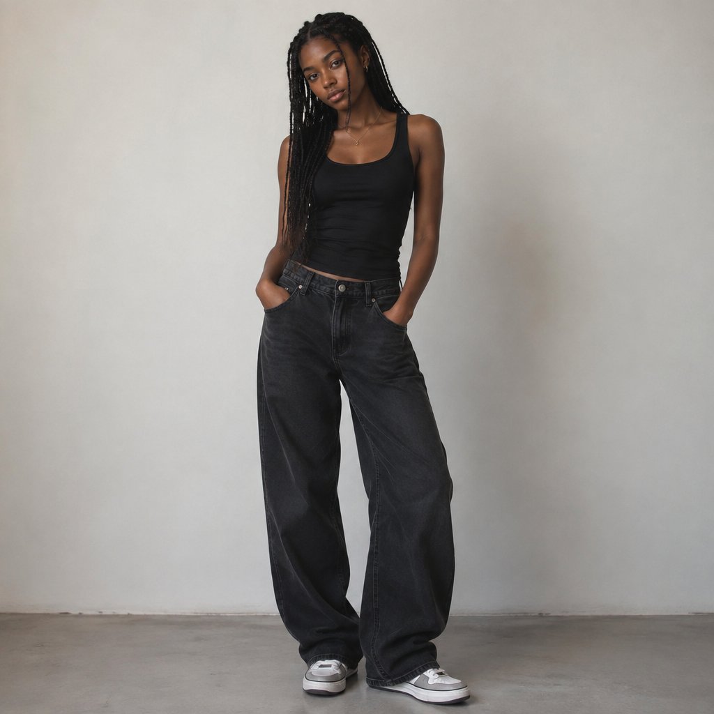 A full picture of a dark brown skinned girl with dark braids in a black baggy jeans and a black tank top