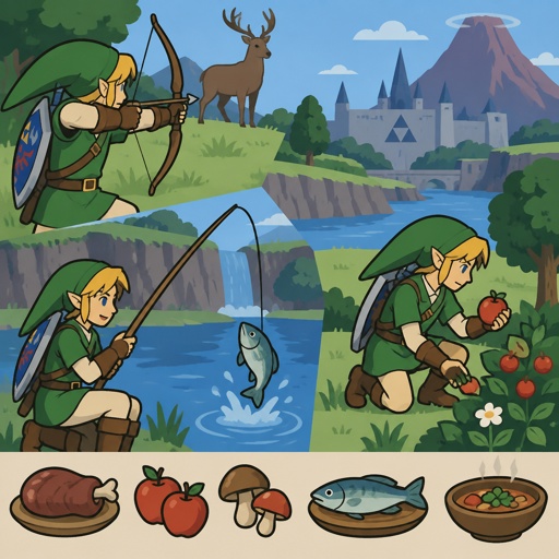 Legend of Zelda ocarina of time link,food dishes,hunt