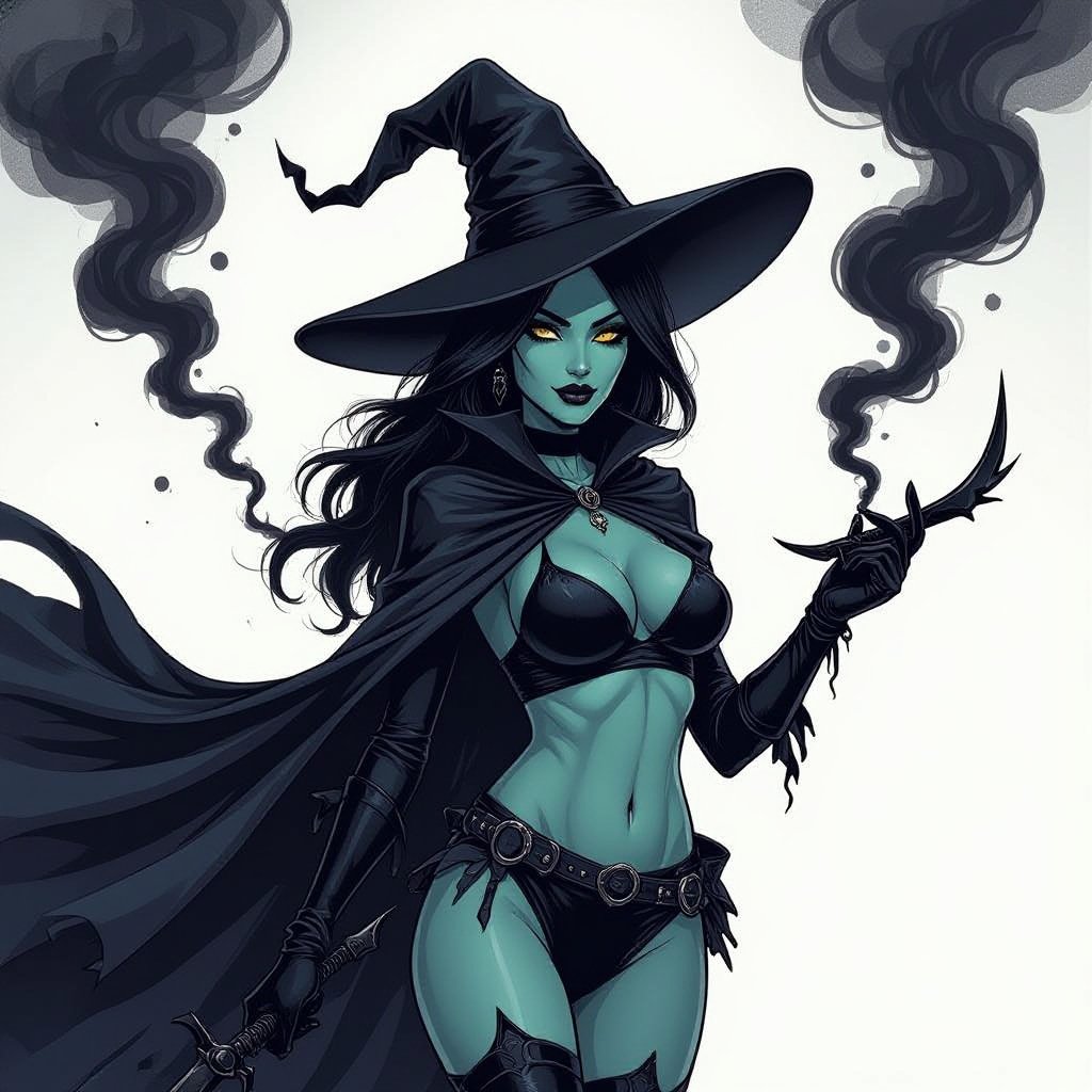 sexy shadow demon witch gypsy slate grey skin large black billowing cloak that emits darkness and shadow smoke. Two piece. Witches Hat. Wields Black Evil Shadow Smoke Daggers