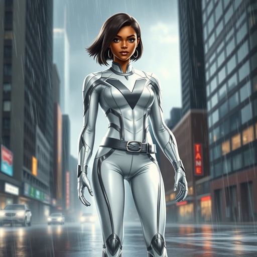 A teenage African American female superhero with hair in a shoulder length side part style wearing a white and silver suit with a stylized V as her chest emblem a utility belt and silver boots standing in Philadelphia during a rain storm