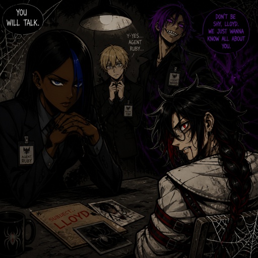 Anime style, Ruby she's dark skin,silk press hair a streak of light blue, serious, intimidating,makes sure those she interrogators gives her all the answers,very good at interrogating suspect, loud,pretty reckless she has a partner named Tim . Anime white male Lloyd, hair messy long loose braid, black hair with light red stripes, clean shaven,red eyes, long scary fingers,spider fangs,glasses, earrings,sarcastic,cold, traumatized,was a unwillingly experiment many years before getting rescued, no memory of past power of a spider, poisonous, spider webs with hands,control spiders special agency taking care of him. Anime style, Agent Ward male, made to be best weapon,highly skilled, emergency backup case gets out of control, hair violet messy bun,night vision eyes, sharp teeth, grin,dark power,very dangerous,evil laugh, he’s used as a special weapon. Agent Tim, nice wave blond hair, is tallish, nice, no glasses,shy, good at his job,very organized but when a lot of work happens all at once and there's a limited time he can get very disheveled, likes his partner ruby but to scared to admit it, smart. All in the same place 
