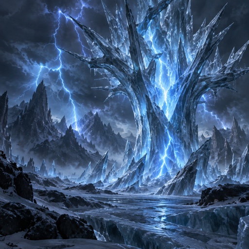 blue lightning storm in a dark ice waste land, lightning trapped in a ice tree formation