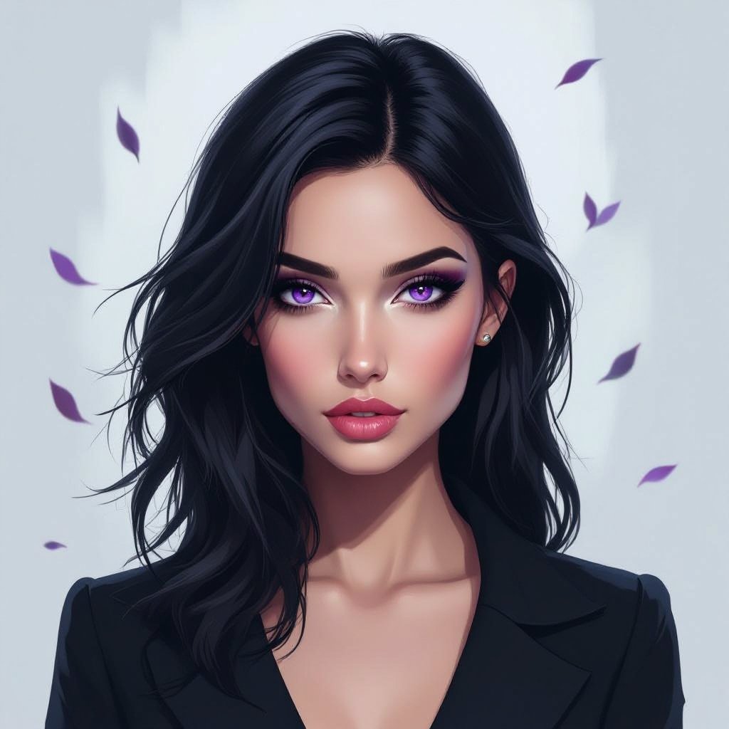 Create chunky mysterious woman jet-black hair is cut sharp to her jawline, and her violet eyes seem to pierce through darkness. A shadowy aura clings to her form, faint shapes shifting and flickering behind her like whispers of another realm.