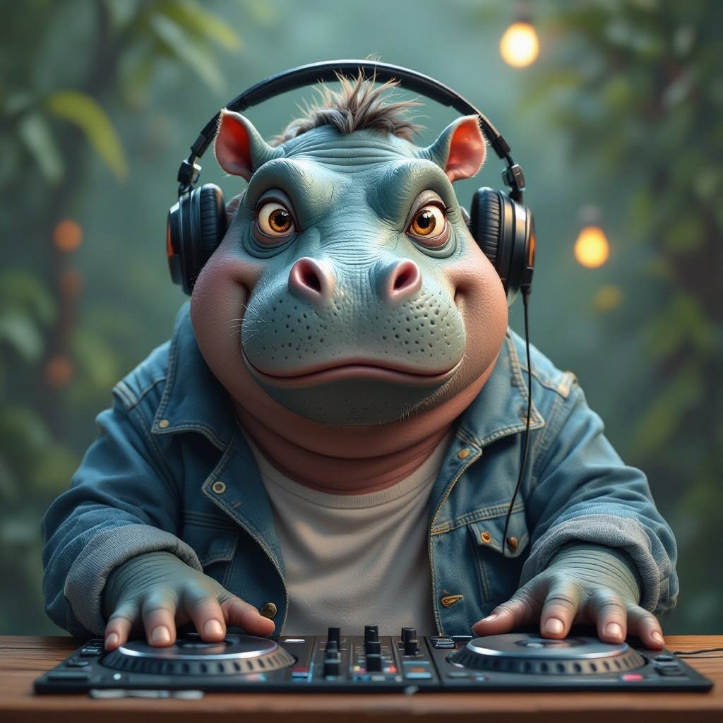 Create a funny looking monster dressed like a dj kinda with hippo monster face