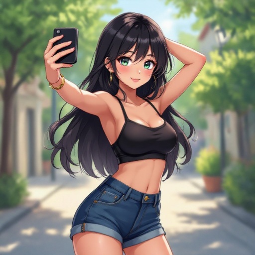 20 year old slim body mexican character with a medium sized triangled back posing sideways taking a selfie