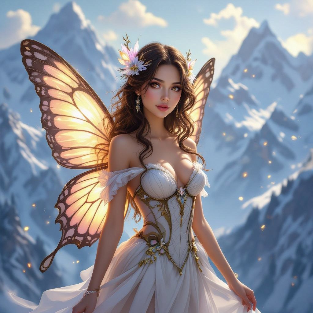 Beautiful Woman with brown hair and eyes in a butterfly costume in the mountains