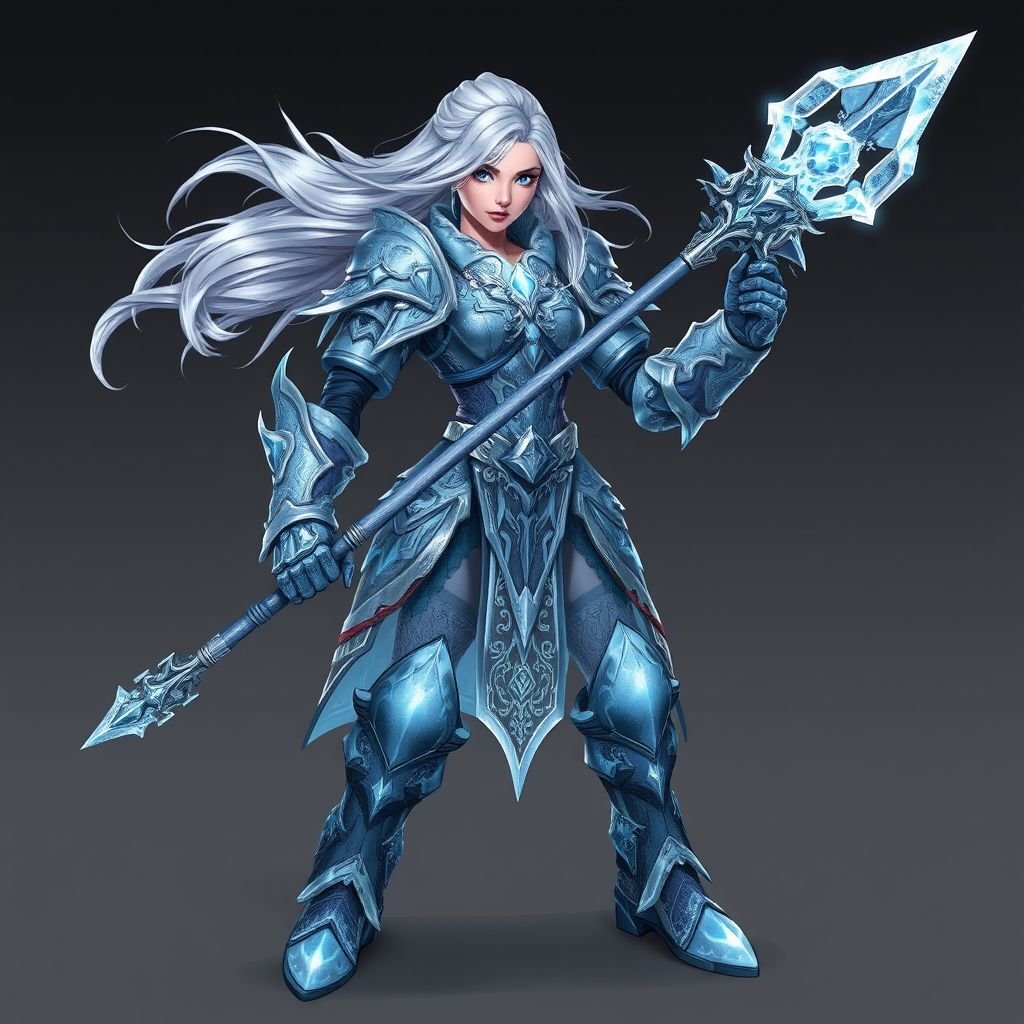 Create a battle woman hero called Alvara the Frostheart. Show full body head to toe including shoes