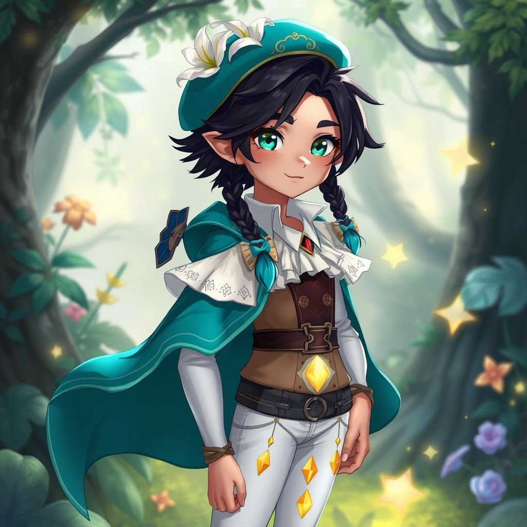Young slender male dressed as a bard, fair skin, vibrant aqua green eyes, short black-ish hair with two short twin braids that fade into aqua blue tips. Frilly white top with corset-like leather midsection, teal cape. White stockings with three yellow diamonds and a beret-like hat adorned with a white lily