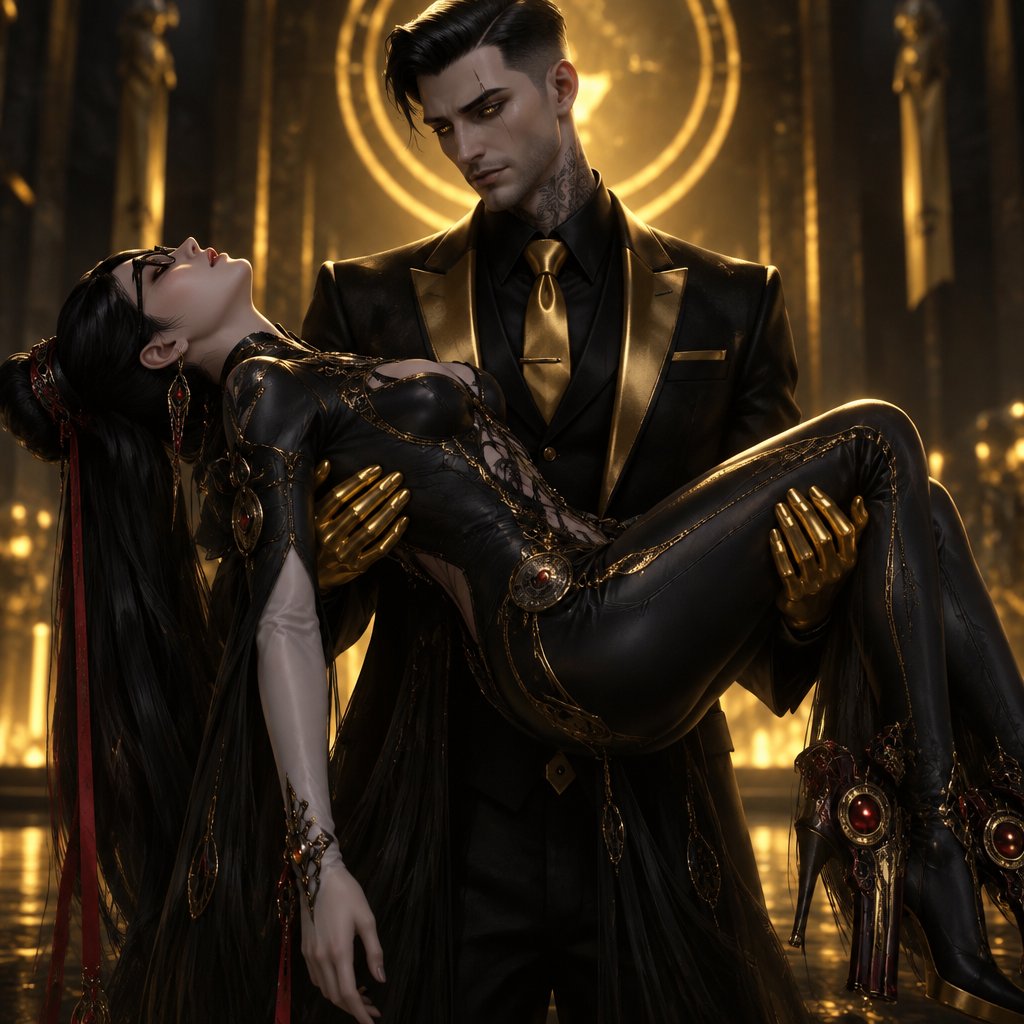 Midas from Fortnite holding Bayonetta from super smash bros she’s dead