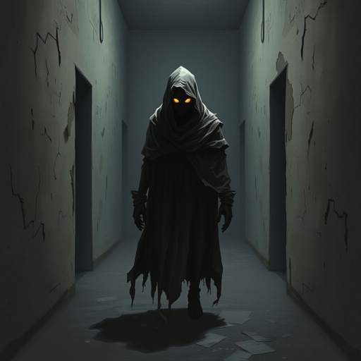 Create this background hall inside was dim, paint peeling in sheets. A metal door led to the cell block.  Six cells, all empty. A cracked toilet in each. Rusty bunks, stale air, dust everywhere. No character just background 