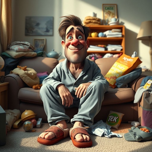 Create mid 30 character who is lazy as heck. And you could tell from his face and his entire outfit. Make is funny and the style of the graphic photographic