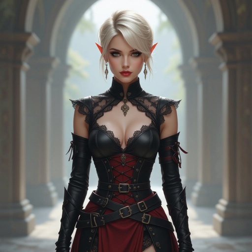 Blonde pixie cut Female High Elf Assassin in Black and Red Shear Lace & Leathers and Skirt full body